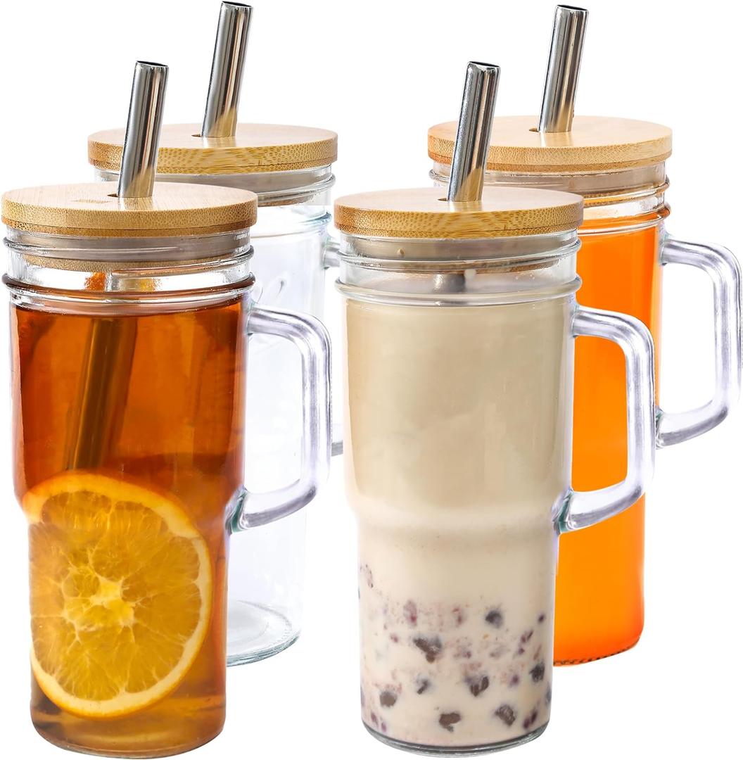 24oz Glass Cups with Lids and Straws - Glass Tumbler cup with bamboo lids and straw iced coffee cup (4pack)