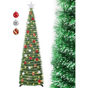 5 FT Pop Up Christmas Tree with Timer Lights and Decorations, Green Tinsel Artificial Christmas Tree with 24 Balls Ornaments, Collapsible Pencil Tree for Xmas Home Office Party Decor (Green - White Edges)