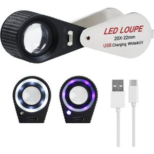 20X Triplet Gem Loupe with LED & UV Light, 22mm Optical Glass, Rechargeable Jewelry Magnifier, Achromatic Aplanatic Lens, Foldable Design for Gemstones, Coins & Stamps