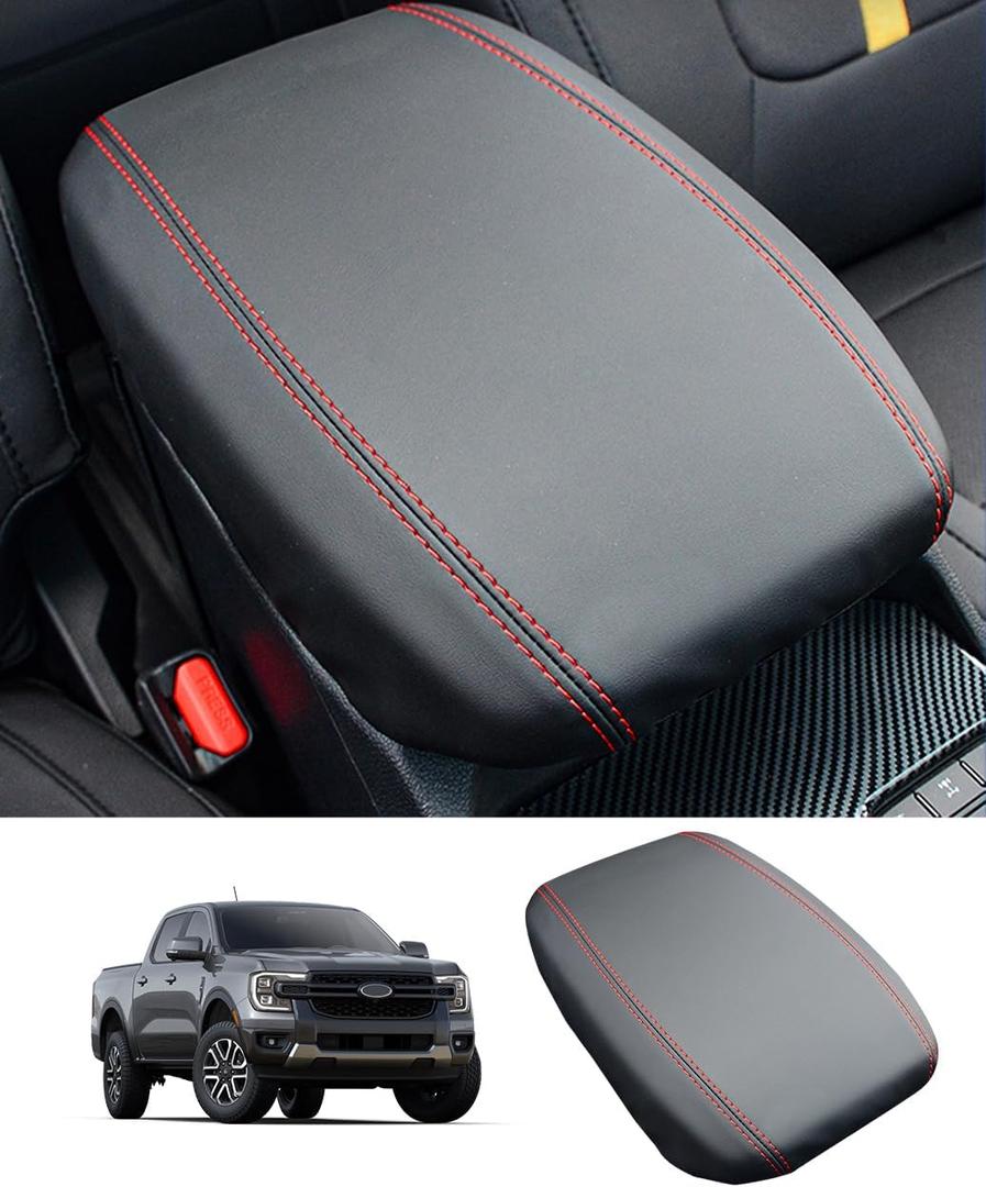 Center Console Cover for 2024 2025 2026 Ford Ranger Accessories Armrest Cover Truck Premium Leather Anti-Scratch Middle Console Arm Rest Lid Seat Cover Protector(Red Line)