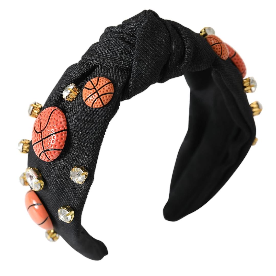 Basketball Knotted Headband for Women Crystal Rhinestone Jeweled Headband Black Knot Embellished Hairband Funny Game Day Hair Accessories Gift for Ladies Girls Fans (Basketball Black)