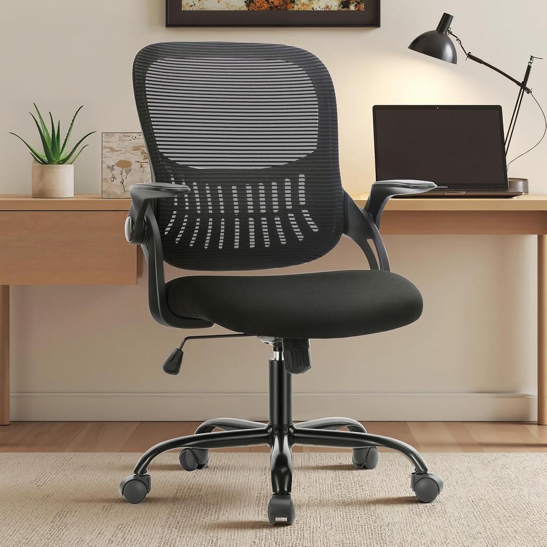 Sweetcrispy Home Office Managerial Executive Chair, Ergonomic Mesh Adjustable Swivel Mid-Back Chair with Comfortable Lumbar Support, Comfy Arms for Bedroom,Study,Student (Black)
