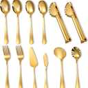 12PCS Gold Serving Spoons Utensils, Stainless Steel Flatware Cutlery with Serving Slotted Spoon Forks Soup Ladle Tongs Pie Server Butter Knife for Home Restaurant Buffet Catering Banquet Party