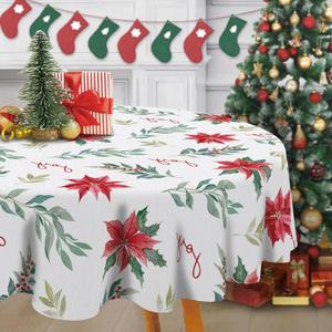 Christmas Poinsettia Round Tablecloth 70 Inches, Xmas Joy Flower Red Berries Leaves Decorative Dining Table Cloth, Winter Holiday Floral Dinner Tablecover Picnic Party Decoration