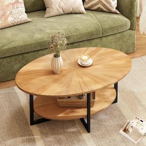 Solid Wood Oval Coffee Table with Cross Metal Legs, 43.3" Modern Industrail Center Table with Open Shelf Cocktail Tea Table for Living Room Bedroom, Natural Wood Color KFZ-1811-OA