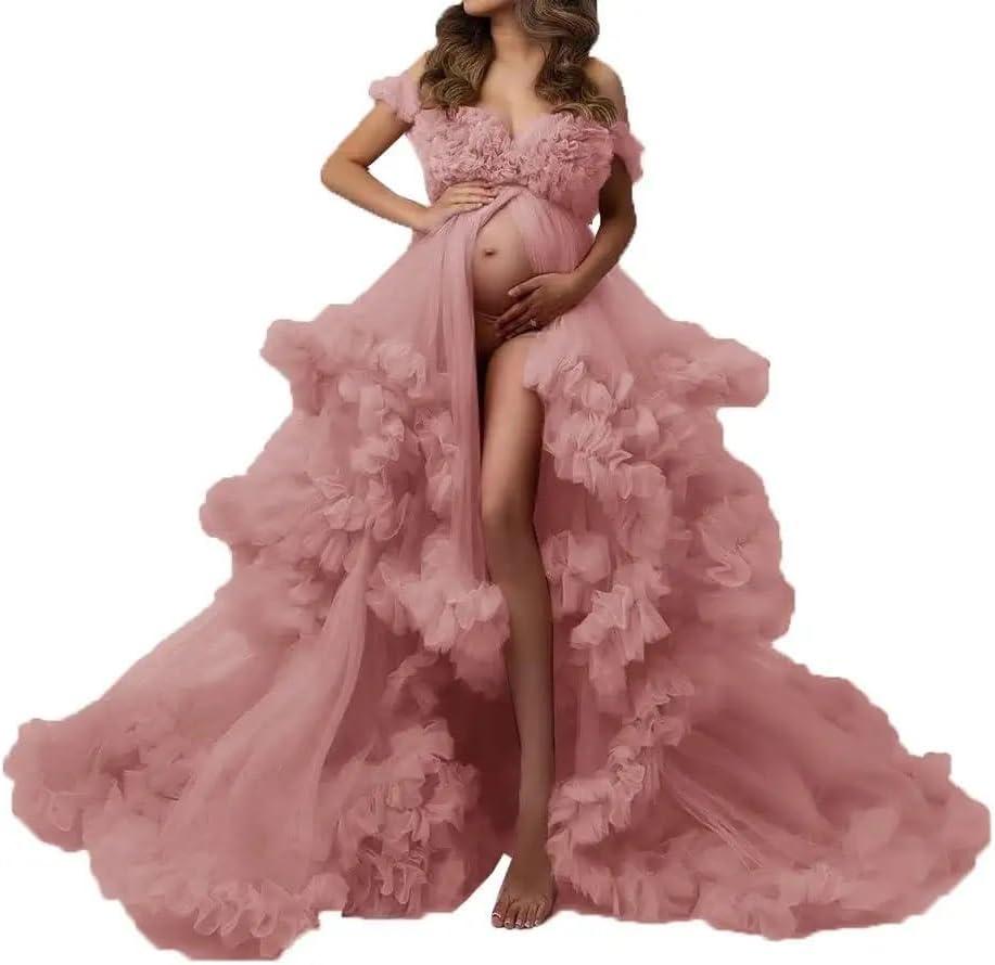 Women's Tulle Robe for Maternity Photoshoot Puffy Ruffles Bridal Lingerie Bathgown Illusion Wedding Scarf (Small/Medium)