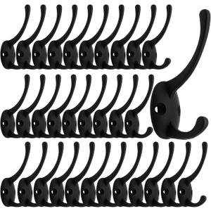 IBosins 32 Pack Black Coat Hooks Wall Mounted with 64 Screws Retro Double Hooks Utility Black Hooks for Coat, Scarf, Bag, Towel, Key, Cap, Cup, Hat