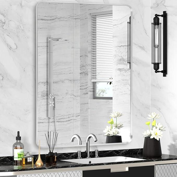 Minuover Silver Framed Bathroom Mirror, Brushed Nickel Large Rounded Corner Rectangle Wall Mirror, Tempered Glass, Shatter Proof, Anti-Rust, Hangs Horizontally or Vertically (28" x 36", Silver)
