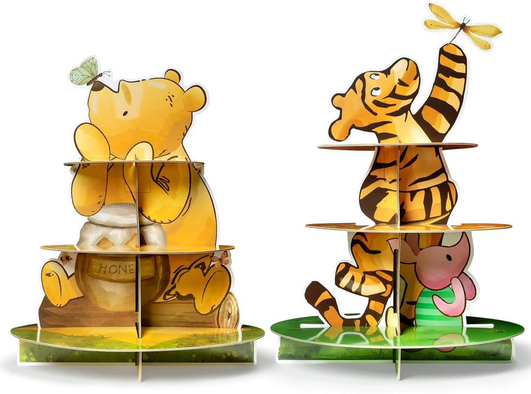 Winnie Birthday Cupcake Stand - 2 Set Winnie Theme Cardboard Dessert Holder for Baby Shower Decorations Cute Winnie Cupcake Tower Winnie Cupcake Display Stand for Birthday Party Supplies
