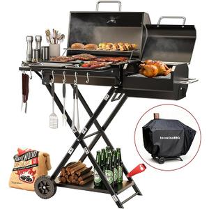 Portable Charcoal Grill with Smoking Function, Foldable Suitcase Design with Wheels, Multi-Tier Storage Rack & Waterproof Cover for Outdoor BBQ Parties (Black)