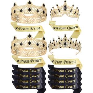 Ferreve 16 Pcs Prom King Queen Crown Sash Set Crystal Rhinestones Tiaras Sash for Prince Princess Court Birthday Wedding Graduation Party Favor Costume Accessories Dress Up(Gold)