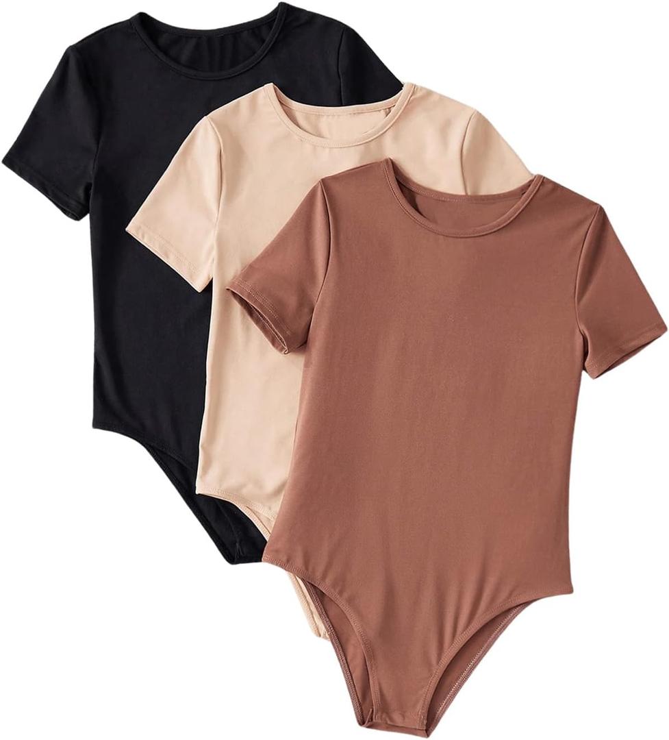 Milumia Girl's 3 Pack Short Sleeve Bodysuits V Neck Lettuce Trim Romper Jumpsuit Tops Set (Khaki Black Brown, 12 Y)