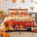 Pamnest Fall Quilt Set Queen Size, Autumn Truck Plaid 3 Pcs Soft Bed Cover Bedding Set for Kids and Adults, Farmhouse Plants Themed Lightweight Bedspread Coverlet with Pillow Sham for All Season