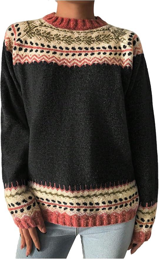 MakeMeChic Women's Long Sleeve Grandma Sweater Crew Neck Vintage Knit Cozy Pullover Tops, Medium