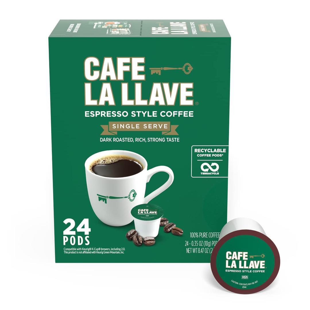 Cafe La Llave 24 Count Dark Roast Coffee Pods, Espresso Style, Compatible with Keurig Brewers, Single Serve Rich Bold Flavor (EXP 08/13/27)