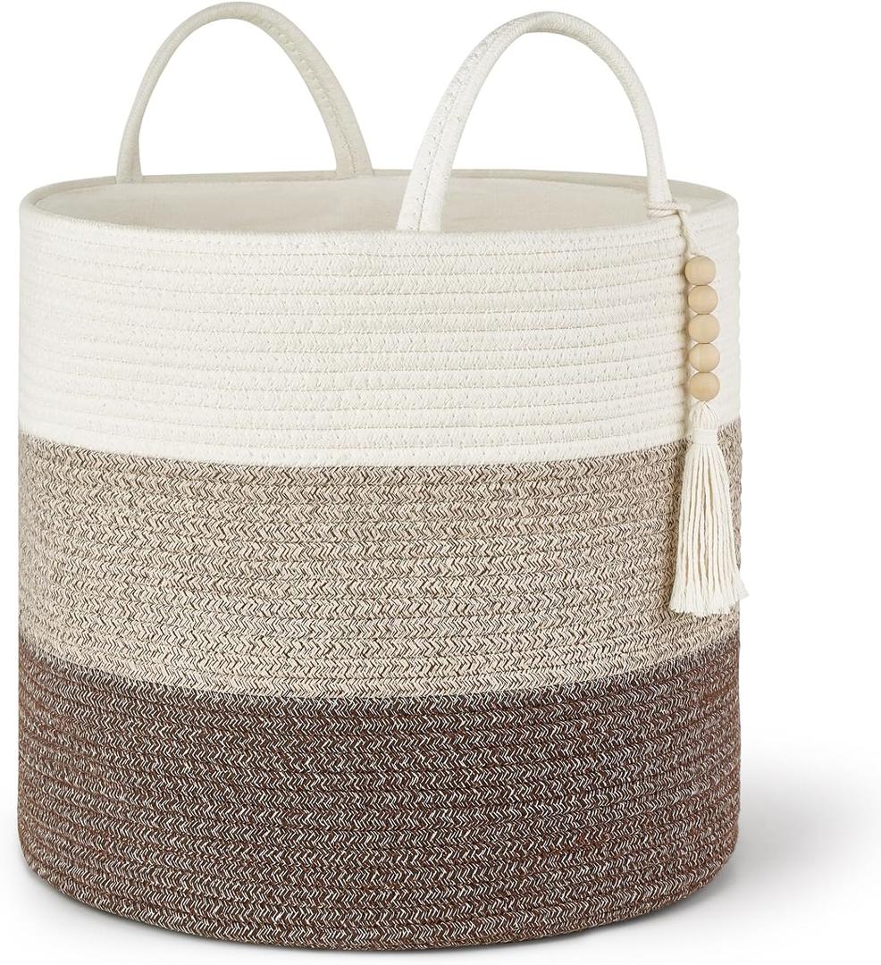 Mkono Woven Storage Basket Decorative Natural Rope Basket Wooden Bead Decoration for Blankets,Toys,Clothes,Shoes,Plant Organizer Bin with Handles Living Room Home Decor, 16"W  13.8"L