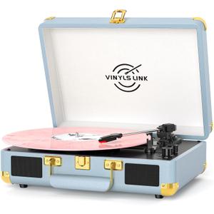 Vinyl Record Player 3-Speed Bass Control Bluetooth Suitcase Portable Belt-Driven Record Player with Built-in Speakers Vintage Turntable RCA Out Headphone Jack Blue