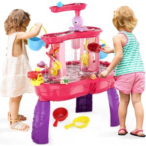 Water Table for Toddlers 3-5, 3-Tier Kids Splash Sand Table Water Toys, Rain Showers Splash Pond for Outdoor Beach Backyard Summer, Activity Sensory Play Table for Girls, Pink