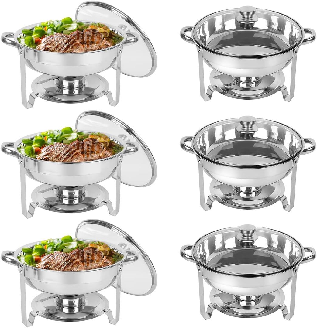 Chafing Dish Buffet Set 6 Pack, 5QT Round Stainless Steel Chafer for Catering in Glass Lid, Chafers and Buffet Warmer Sets w/Food & Water Pan, Lid, Frame, Fuel Holder for Event Party Holiday