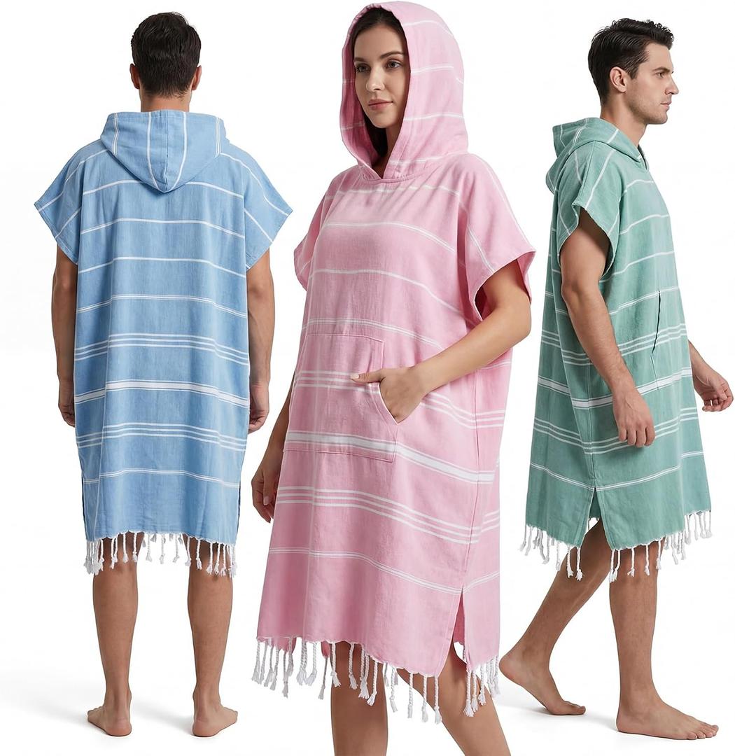 Twistover 3 Pcs Large Turkish Towel Poncho Cotton Surf Poncho 47 x 71 Inch Hooded Changing Towels Wearable Beach Towel Swim Robe with Pocket for Adult Men Women Summer Beach Pool (Blue, Mint, Pink)