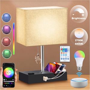 RGB Smart Table Lamp with Remote Control - Alexa Lamp for Bedroom with Voice & APP Control & Music Sync, Dimmable Nightstand Lamp with Charging Station for Living Room, Alexa Bulb Included