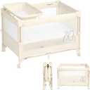 ANGELBLISS Baby Bassinet Bedside Crib, Pack and Play with Mattress, Diaper Changer, One-Push Setup Playards from Infants to Toddlers (Beige)