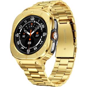 SUPLINK Stainless Steel Case and Band Compatible with Samsung Galaxy Watch Ultra Bands 47mm, Rugged Protective Case Bumper Metal Bands for Samsung Ultra Watch Band Men, Gold