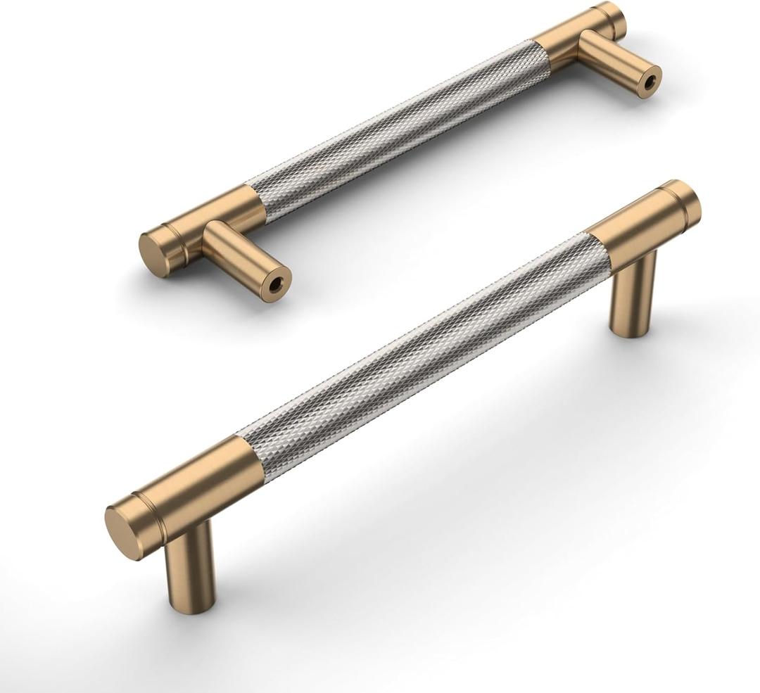 Amerdeco 10 Pack Champagne Bronze and Brushed Nickel Knurled Cabinet Pulls 5 Inch Hole Center to Hole Center Kitchen Cabinet Handles for Drawer Dresser, Cupboard and Wardrobe ZH0040