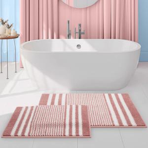 Tindbea Bathroom Rugs Set 2 Piece, Extra Soft and Absorbent Fluffy Striped Chenille Bath Mat Rug Set, Non Slip Bathroom Floor Mat, Machine Washable (20" x 32" Plus 16" x 24", Pink)