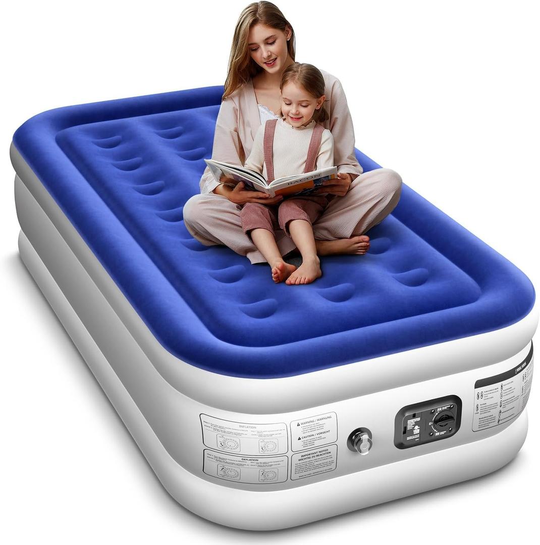 Twin Air Mattress with Built in Pump Luxurious Comfort 16" Raised Inflatable Mattress Twin Airbed Blow Up Mattress for Home and Guests 75"*39"*16"Air Bed 2 Mins Fast Inflate/Deflate 330 lbs Max (16" Blue & White)