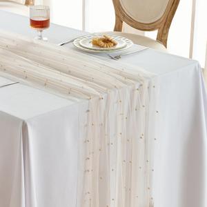 Fanami 3 Pack Pearl Table Runner -10FT Champagne Gold Boho Tulle Table Runners 120 Inches Long Rustic Sheer Lace Fabric Centerpieces for Wedding Arch Birthday Party Bridal Veil Baby Shower Decorations