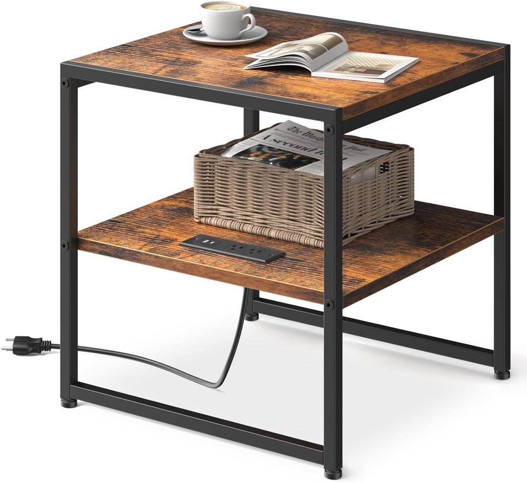 Tatub 20" End Table with Charging Station, Industrial Square Side Table with USB Ports & Outlets, Versatile 2-Tier Small Nightstand for Bedroom Living Room, Rustic Brown