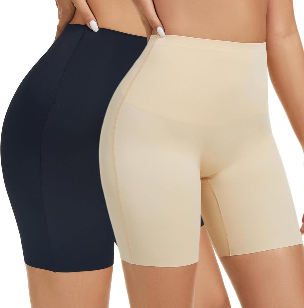JTJFIT Women High-Waisted Slip Shorts for Under Dresses Seamless Short Boyshorts Smooth Panties Anti Chafing Underdress(Black+Beige, L) (L)