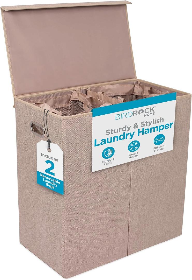 BirdRock Home Double Laundry Hamper with Lid and Removable Liners | Linen | Easily Transport Laundry | Foldable Hamper | Cut Out Handles