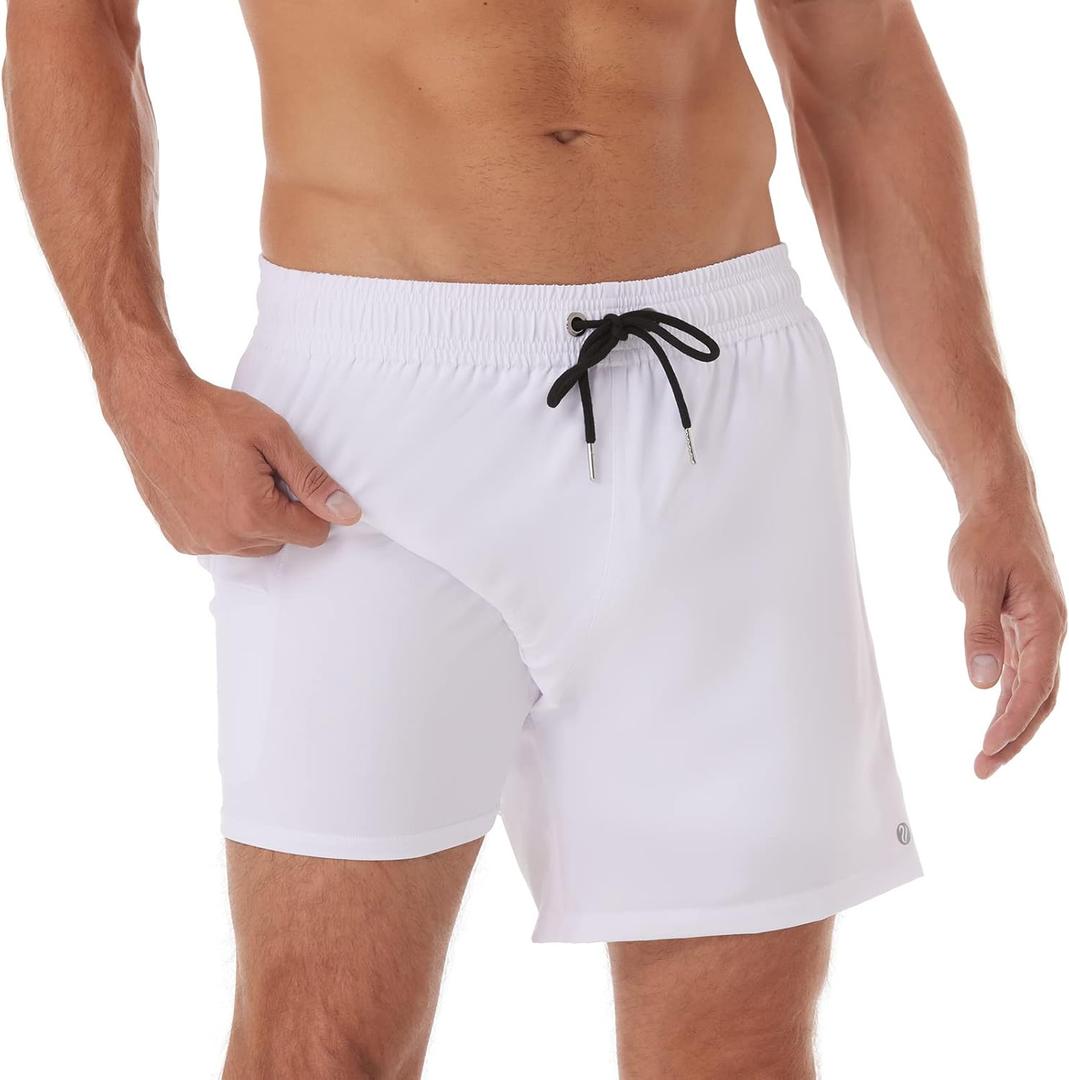BRISIRA Mens Swim Trunks Swim Shorts Quick Dry 5 inch Inseam Beach Shorts with Compression Liner and Zipper Pocket (36, White)