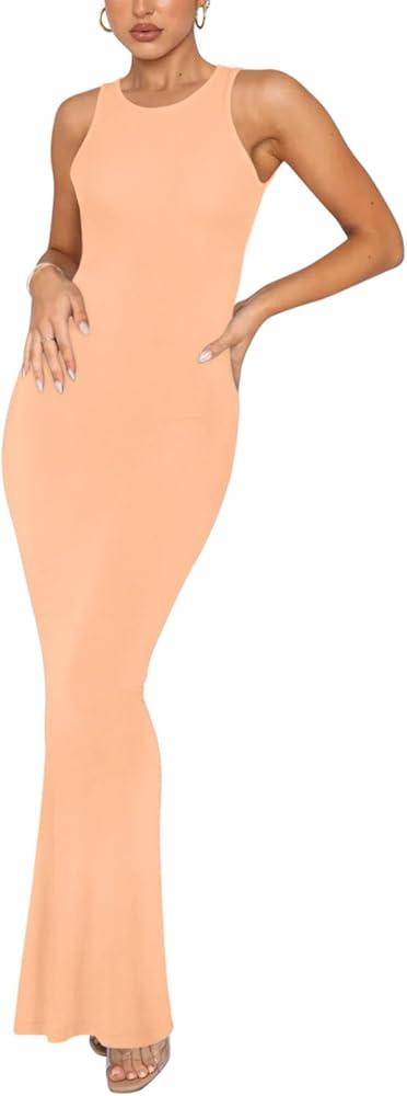 REORIA Women's Basic Summer Sexy Lounge Tank Long Dress Elegant Sleeveless Halter Neck Bodycon Maxi Dresses M