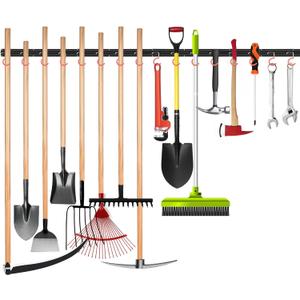 WALMANN All Metal 64 Inch Wall Mount Garden Tool Organizer for Garage, Mop and Broom Holder, Yard Tool Storage Rack for Rake, Shovel, Spade, Mop, Broom(4 Rails, 16 Hooks)