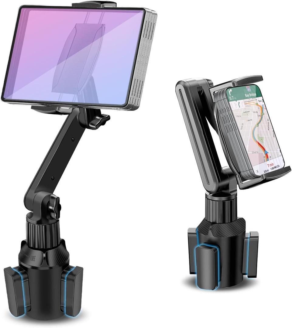 Tablet Holder Mount for Car Cup Holder, 15" Long 2-Stage 360 Stand with 1.57" Depth Large Clamp for iPad Pro 12.9/11/10.5/9.7/Air/Mini, Samsung Galaxy Tab/Z Fold 6/5, iPhone 16/15 Pro, 4.7-12.9Tab