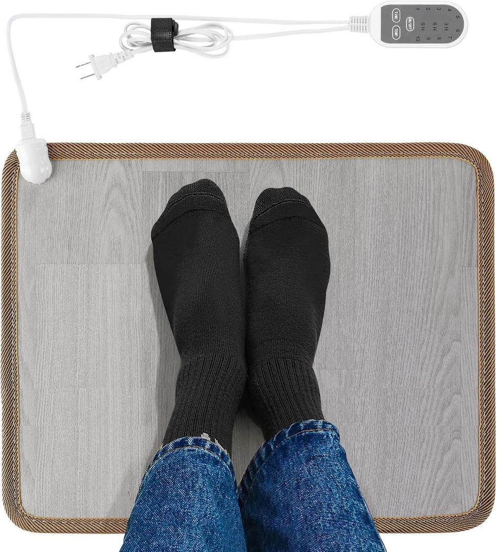 Heated Floor Mat - Foot Warmer Under Desk, 15.7x19.7in Heated Feet Rest for Home Office Desk, Winter 110V Electric Heating Pad with 3 Timers & 10 Adjustable Temperature (Gray)