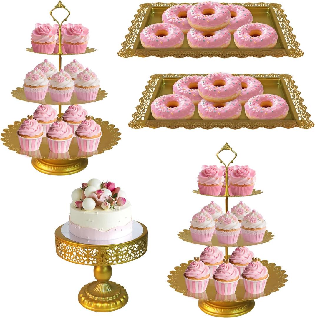 5 Pcs Gold Metal Cake Stand Sets for Birthday, Cakes and Cupcakes Stand for Wedding, Golden Dessert Table Display Set for Party, Desserts Stand with Gold Trays for Candy Bar Baby Shower