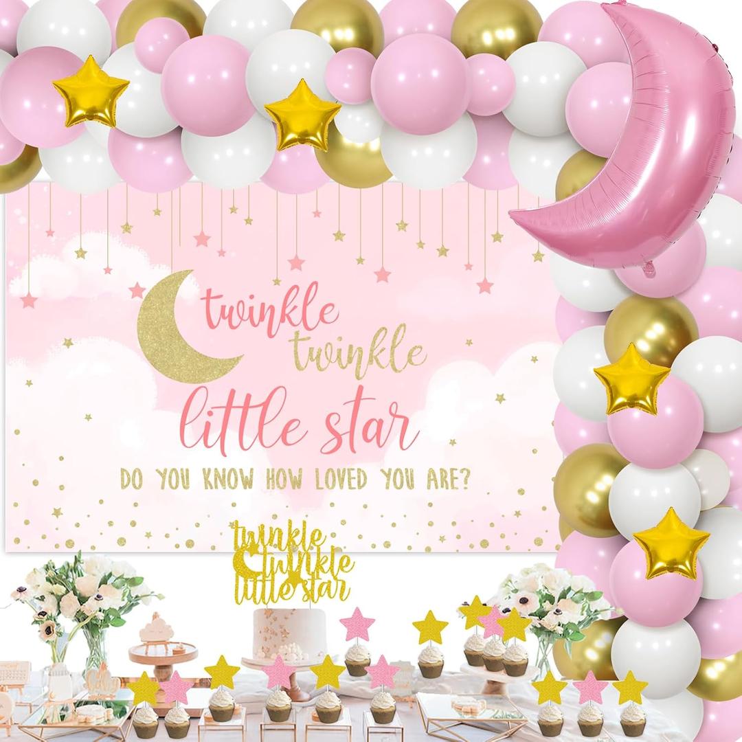 Cheereveal Twinkle Twinkle Little Star Baby Shower Decorations Girl Pink White and Gold Balloon Garland Kit Star and Moon Foil Balloons Backdrop Cake Toppers