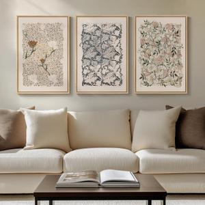 Framed William Morris Canvas Wall Art for Living Room, Set of 3 Large Neutral Floral Botanical Prints, Vintage Rustic Boho Pictures for Bedroom Hallway Office, 16x24 Inch, 16"W x 24" H x 3Pcs