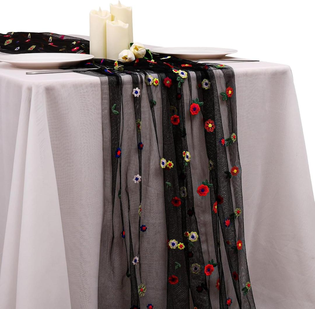 BINBE 1pcs Black Daisy Spring Table Runner Embroidery Gauze 10FT Florals Seasonal Tulle Holiday Birthday Kitchen Dining Table Decor for Home Party (10ft x 1pack)