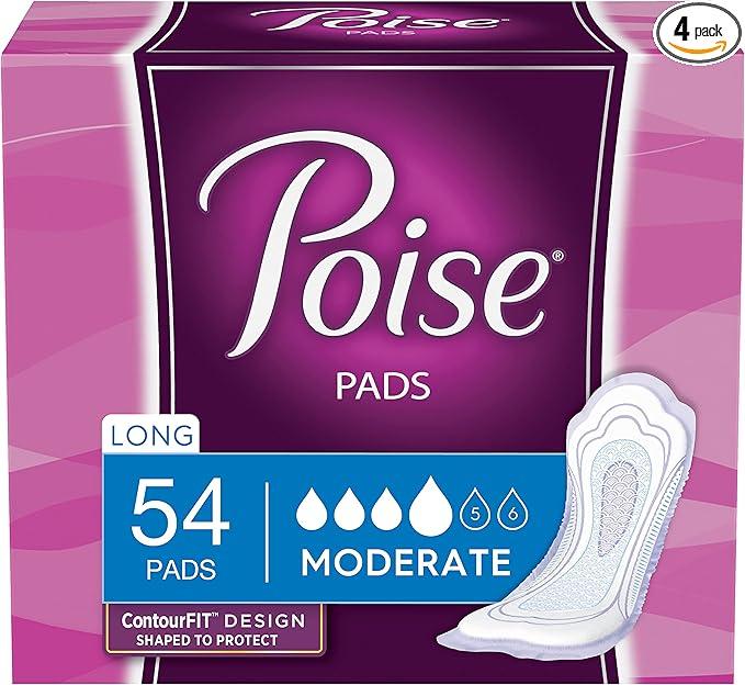 Poise Incontinence & Postpartum Pads for Bladder Leaks, 4 Drop Moderate Absorbency, Long Length, 54 Count