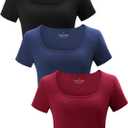 3 Pack Women's Crop Tops Workout Tshirt Cotton Short Sleeve T Shirts Cropped Basic Tees ((Square Neck) Burgundy/Navy/Black)