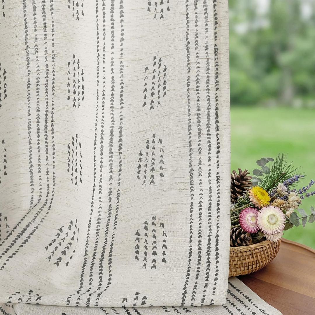 Boho Linen Curtains for Bedroom Living Room Black Farmhouse Boho Curtains 84 Inches Long Geometric Striped Patterned Mudcloth Grommet Top Light Filtering Window Drapes 2 Panels Black on Beige
