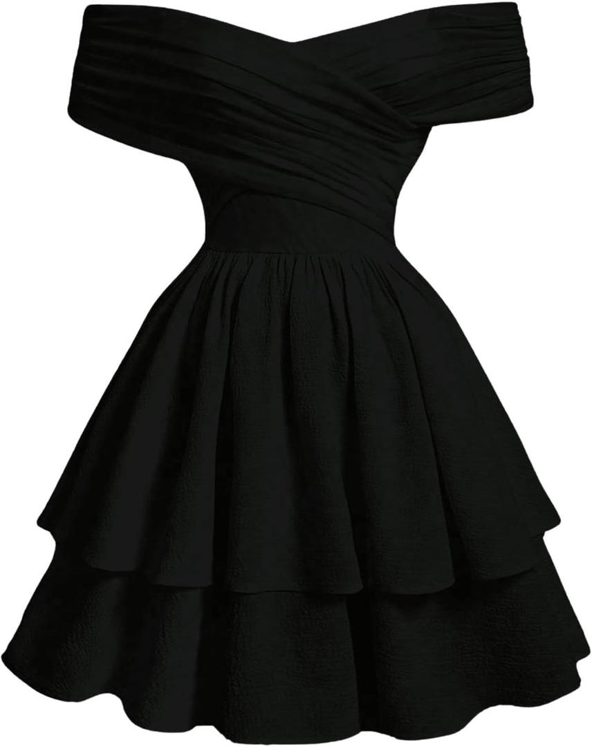 SOLY HUX Women's Off The Shoulder Ruffle Cocktail Dress 2025 Summer Wrap Dress Wedding Guest Graduation Prom Dresses Plain Black, Size Large