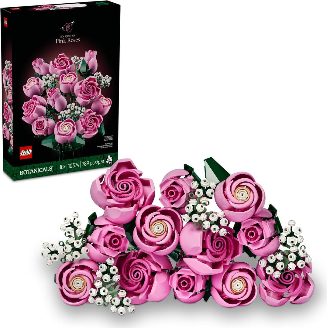 LEGO Botanicals Bouquet of Pink Roses Artificial Flowers - Building Blocks for Adults, Ages 18+ - Flowers for Home Office, Shelf or Room Decor - Gift for Women & Men - 10374