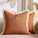 Decorative Faux Linen Couch Pillow Covers 18x18 Inch Fall Burnt Orange Boho Farmhouse Throw Pillow Cases with Tassels Woven Textured Cushion Covers for Sofa Bed Living Room Home Decor Set of 2