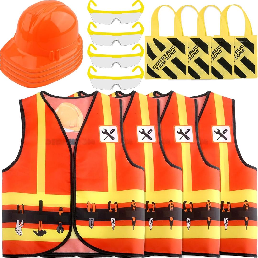 16 Pcs Kid Construction Worker Costume Set Include Construction Vest Hat Goggles and Tote Bag for Kids Halloween (Orange)